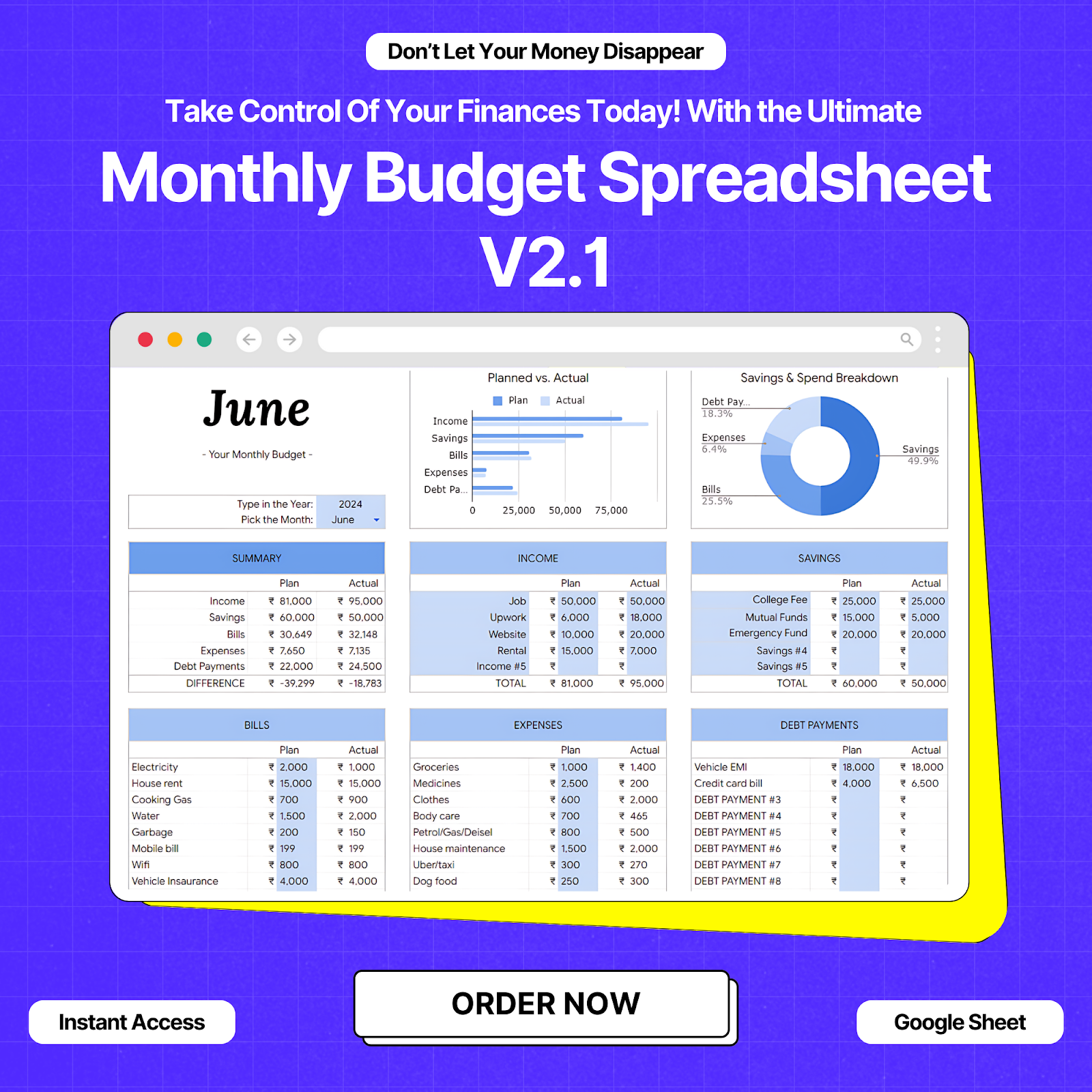 Monthly Budget Spreadsheet V2.1 dashboard